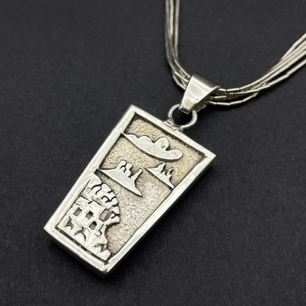 Vintage Native Scenic Reversable Gemstone Inlay Pendant Liquid Silver Necklace - Picture 5 of 12